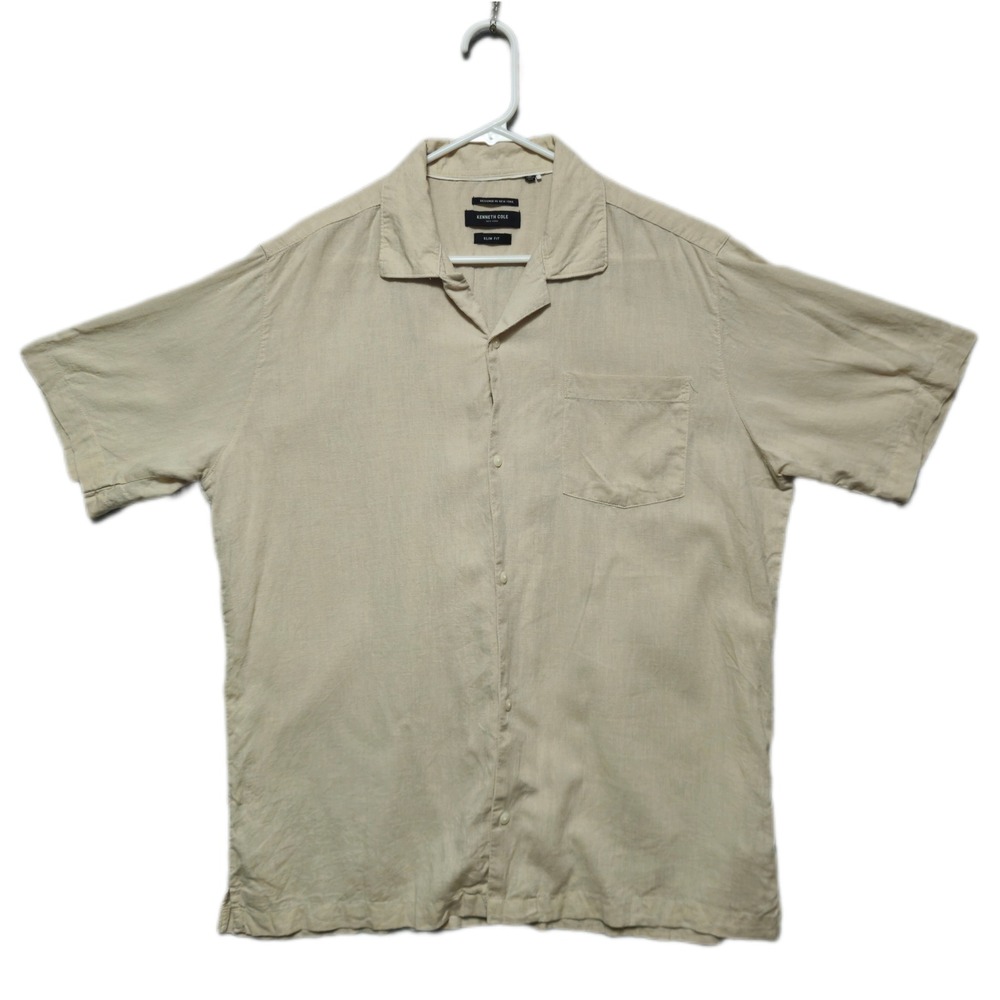 Kenneth Cole Mens XL Beige Slim Fit Linen Blend Short Sleeve Button Up Shirt